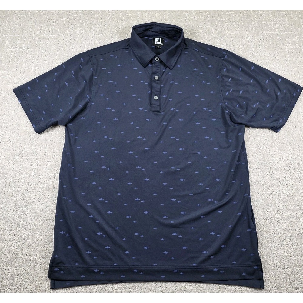 FootJoy All Over School of Fish Print Golf Polo Shirt Navy Blue Men's Medium
